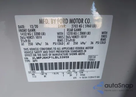 2020 Lincoln Nautilus Reserve z USA, uszkodzony, nr VIN 2LMPJ8KP1LBL33959